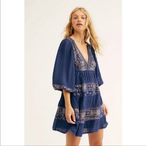 NWT Free People My Love Mini Dress Boho Peasant Sleeve Navy Blue Deep V-…